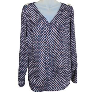 Zac & Rachel Womens Blouse Small Navy Geometric Print V Neck Roll Tab Sleeve Top